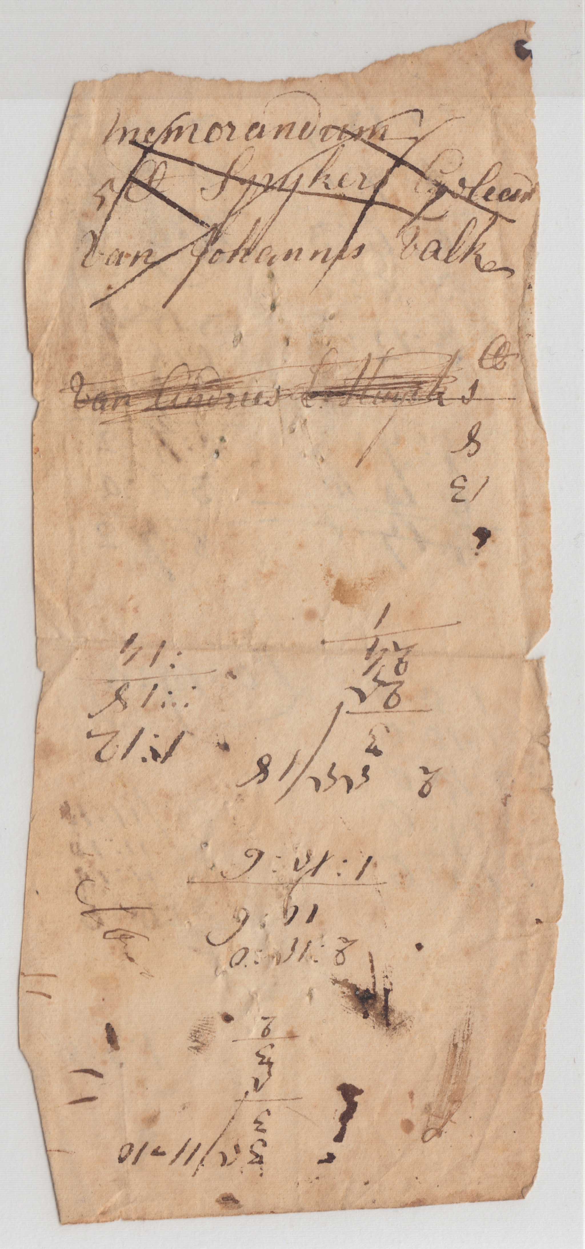 BH104, 1772(?) Note, Nails Lent by Johannis Van Valkenburgh & Andries Huyck, and Scratch Sums